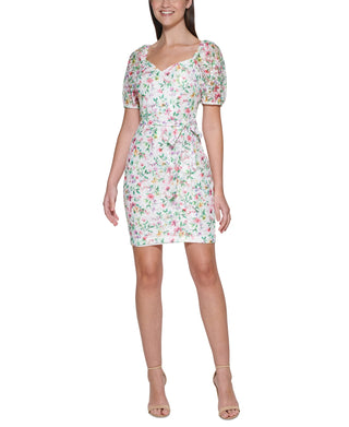 GUESS Women's Printed Lace Puff Sleeve Mini Dress White Size 14