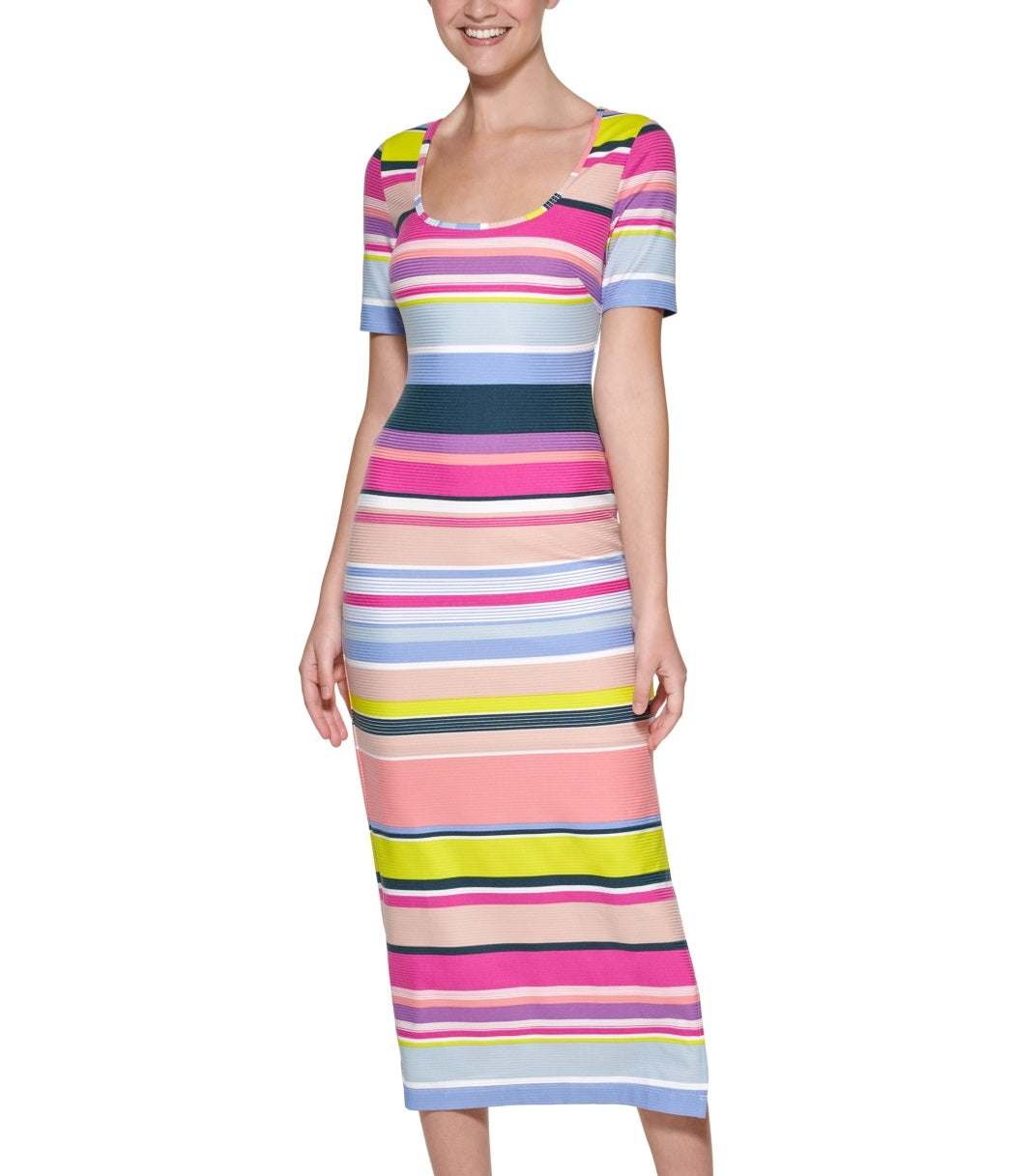 GUESS Women's Striped Ribbed Knit Midi Dress Pink Size 12