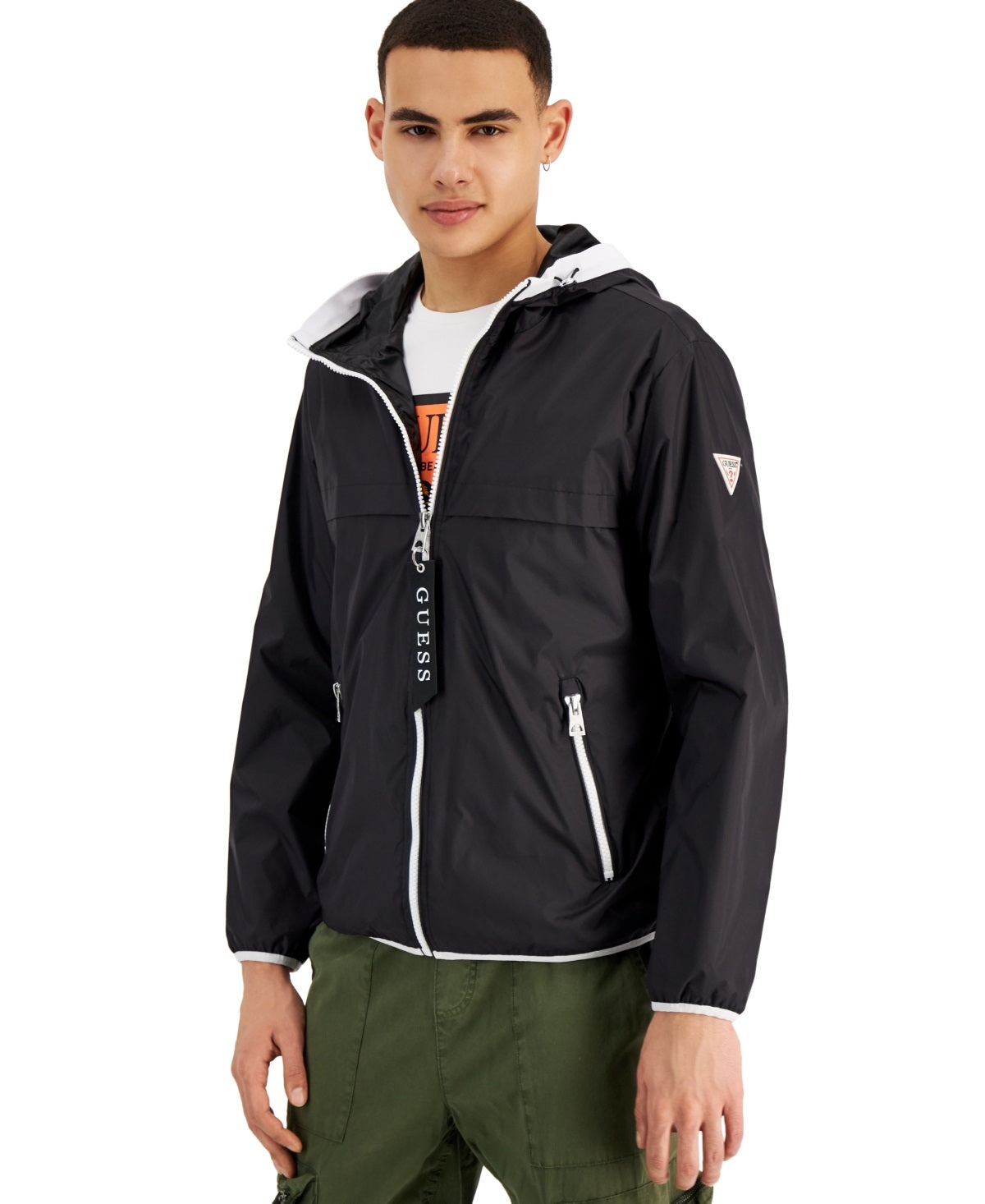 GUESS Men's Hooded Rain Jacket Black Size Small