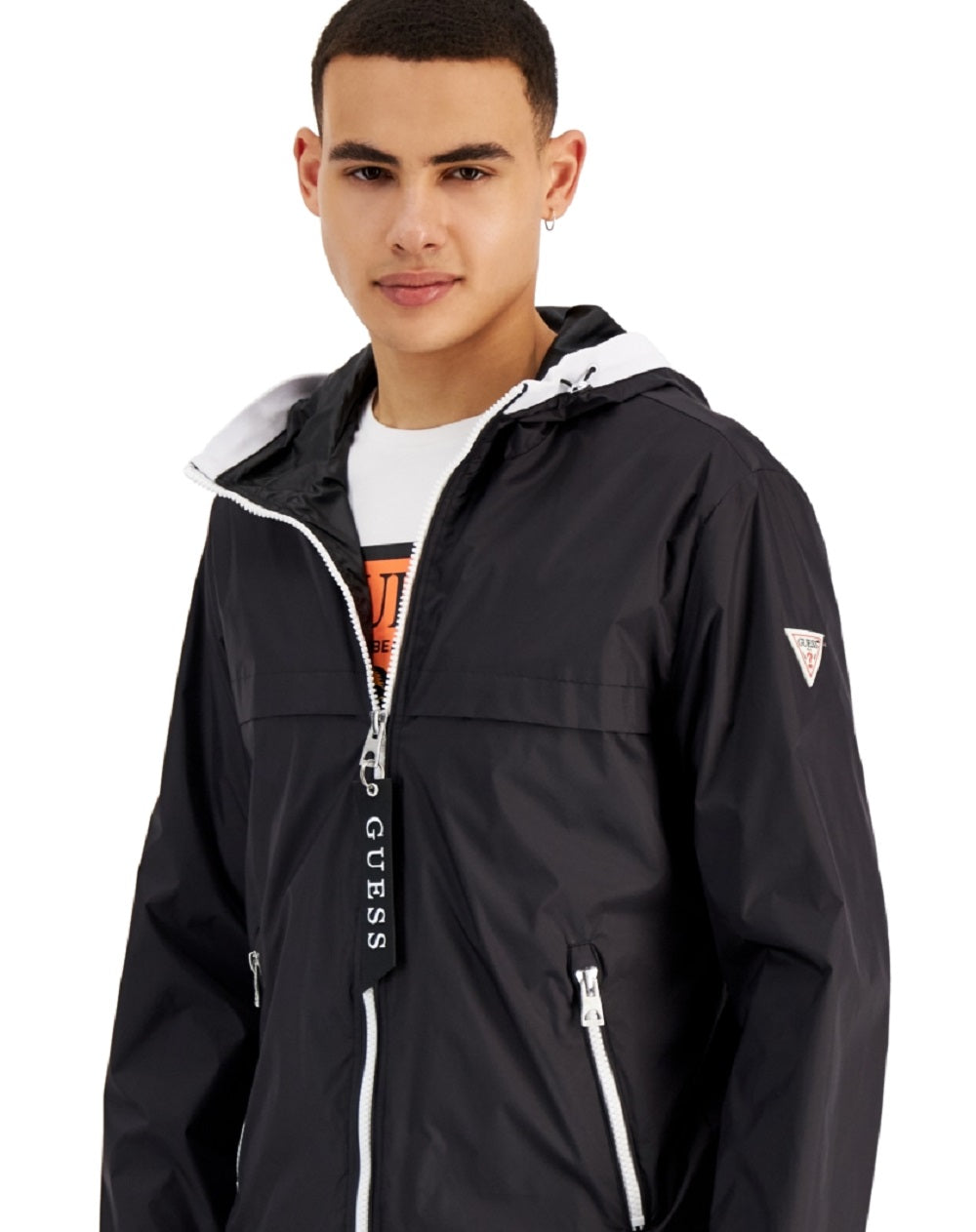 GUESS Men's Hooded Rain Jacket Black Size Small