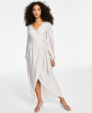 GUESS Women's Metallic Striped Faux Wrap Maxi Dress White Size 8