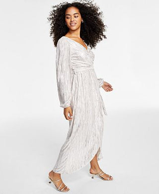 GUESS Women's Metallic Striped Faux Wrap Maxi Dress White Size 8