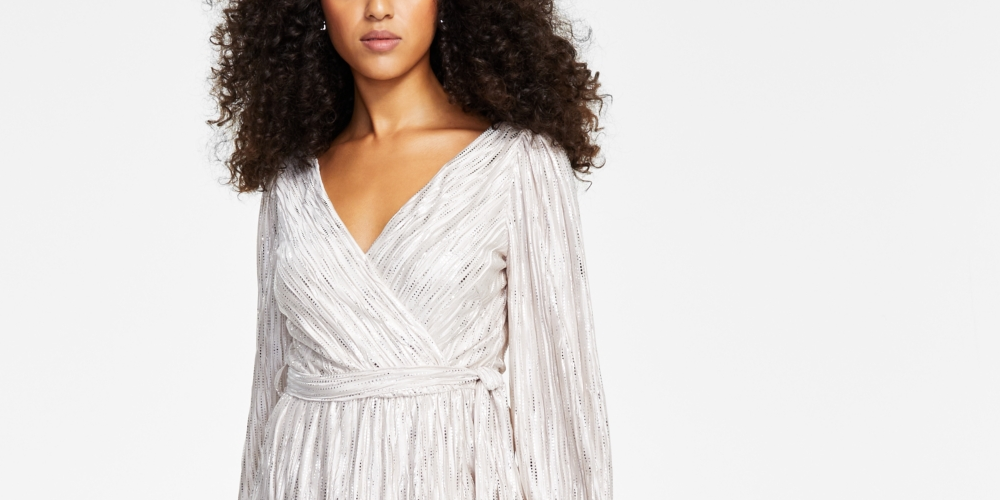 GUESS Women's Metallic Striped Faux Wrap Maxi Dress White Size 8