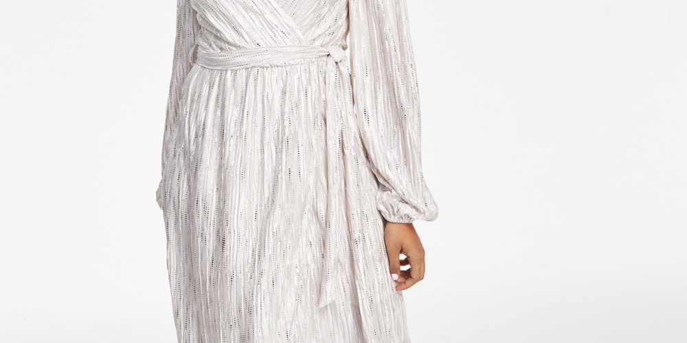 GUESS Women's Metallic Striped Faux Wrap Maxi Dress White Size 8