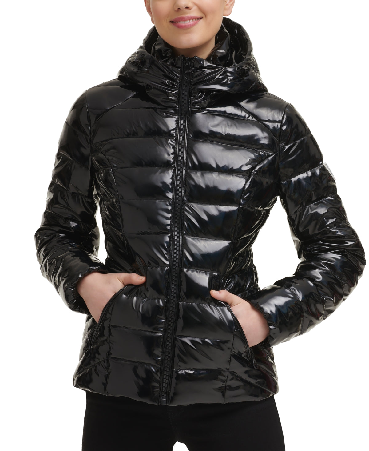 GUESS Women's Hooded Shine Puffer Coat Black Size Small