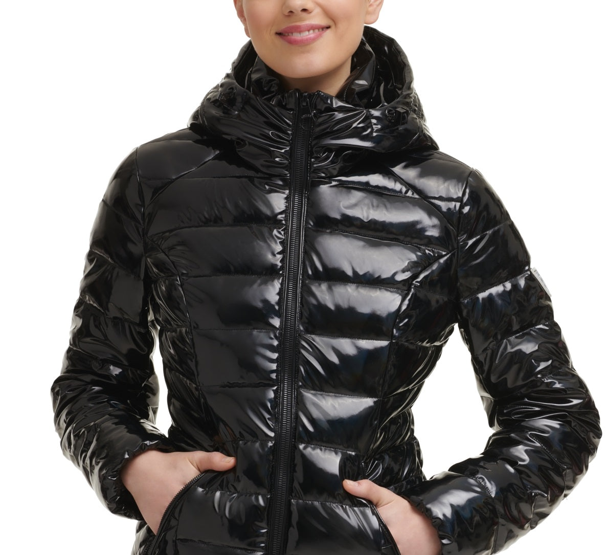 GUESS Women's Hooded Shine Puffer Coat Black Size Small