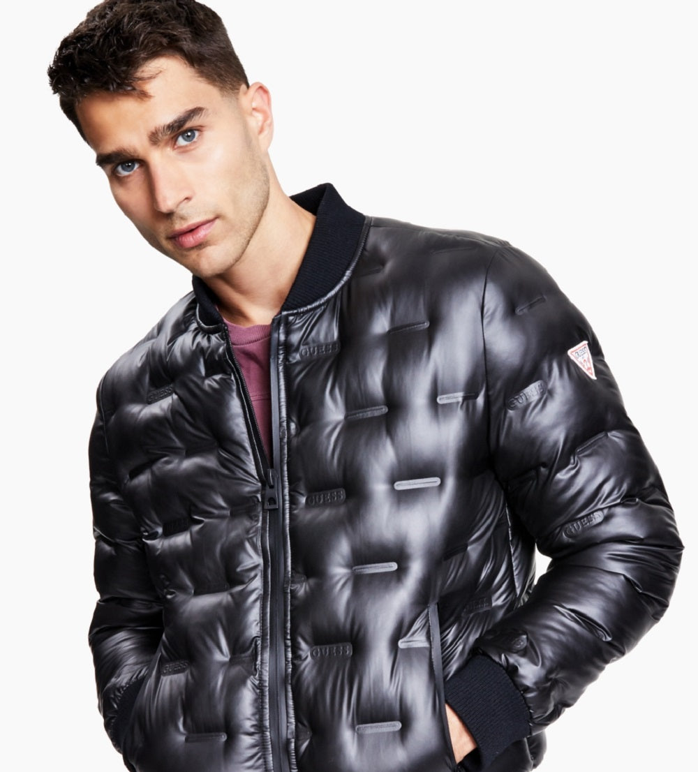 GUESS Men's Stamp Quilt Puffer Bomber Jacket Black Size Medium