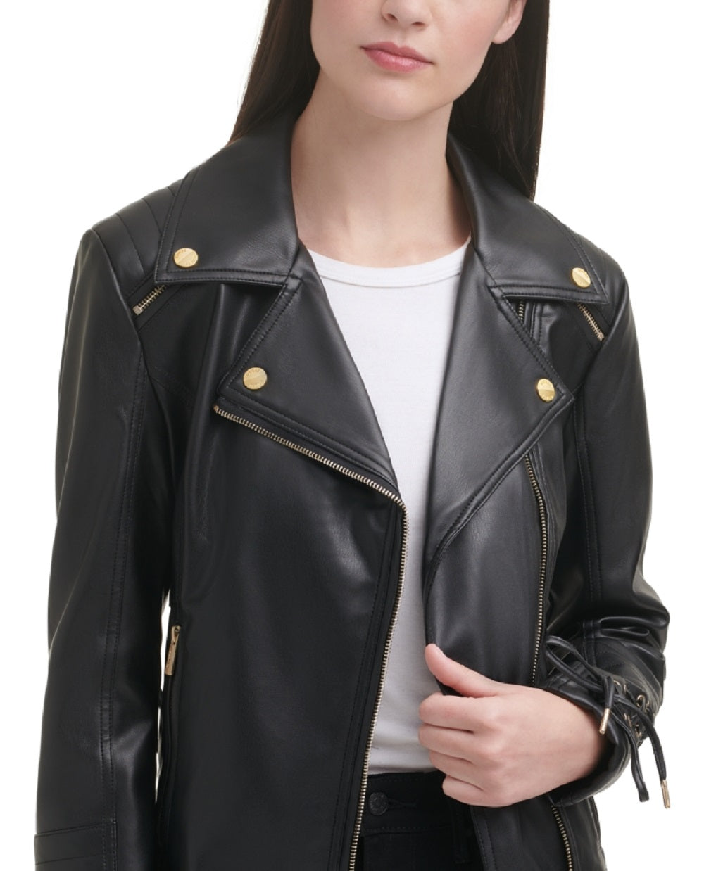 GUESS Women's Faux Leather Asymmetrical Moto Coat Black Size Large