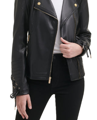 GUESS Women's Faux Leather Asymmetrical Moto Coat Black Size Large