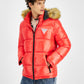 GUESS Men's Puffer Jacket With Faux Fur Hood Red Size X-Large