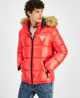 GUESS Men's Puffer Jacket With Faux Fur Hood Red Size X-Large