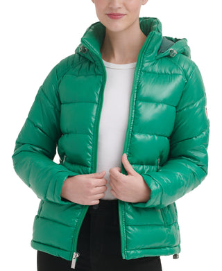 GUESS Women's High Shine Hooded Puffer Coat Green Size Medium