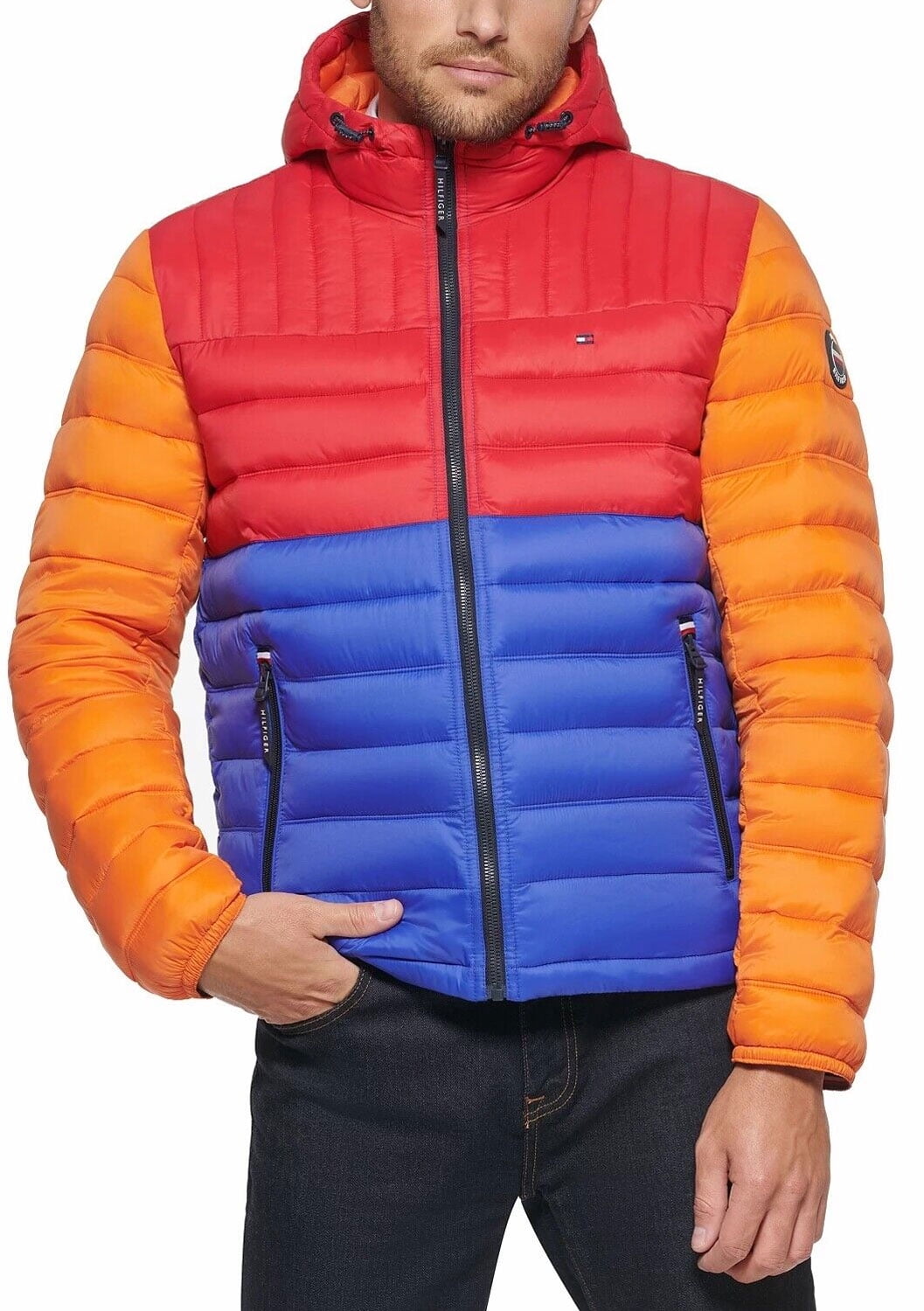 Tommy Hilfiger Men's Quilted Colorblock Hooded Puffer Jacket Orange Size XX-Large