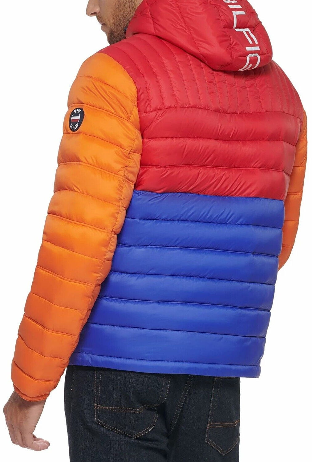 Tommy Hilfiger Men's Quilted Colorblock Hooded Puffer Jacket Orange Size XX-Large