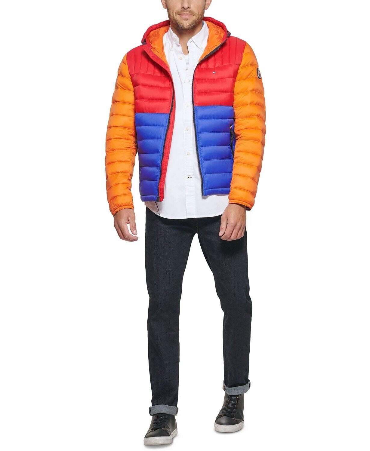 Tommy Hilfiger Men's Quilted Colorblock Hooded Puffer Jacket Orange Size XX-Large