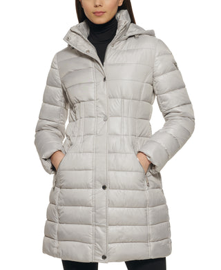 GUESS Women's High Shine Hooded Puffer Coat White Size X-Large