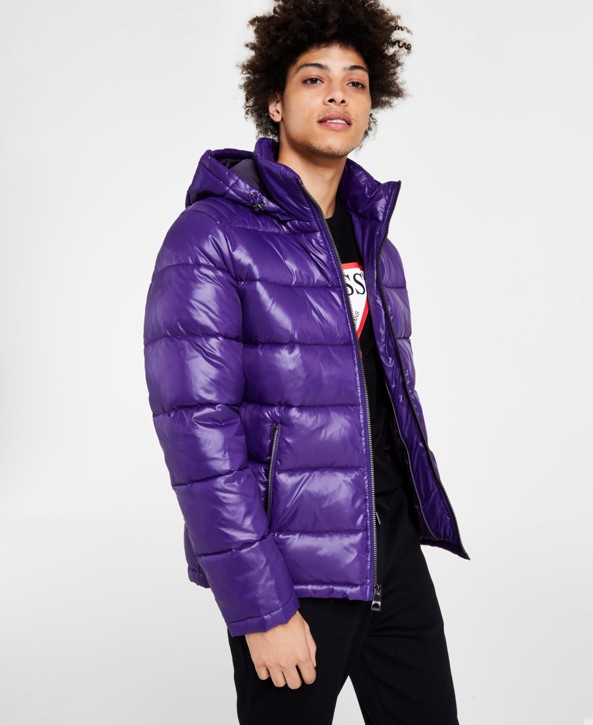 GUESS Men's Hooded Puffer Coat Purple Size X-Large