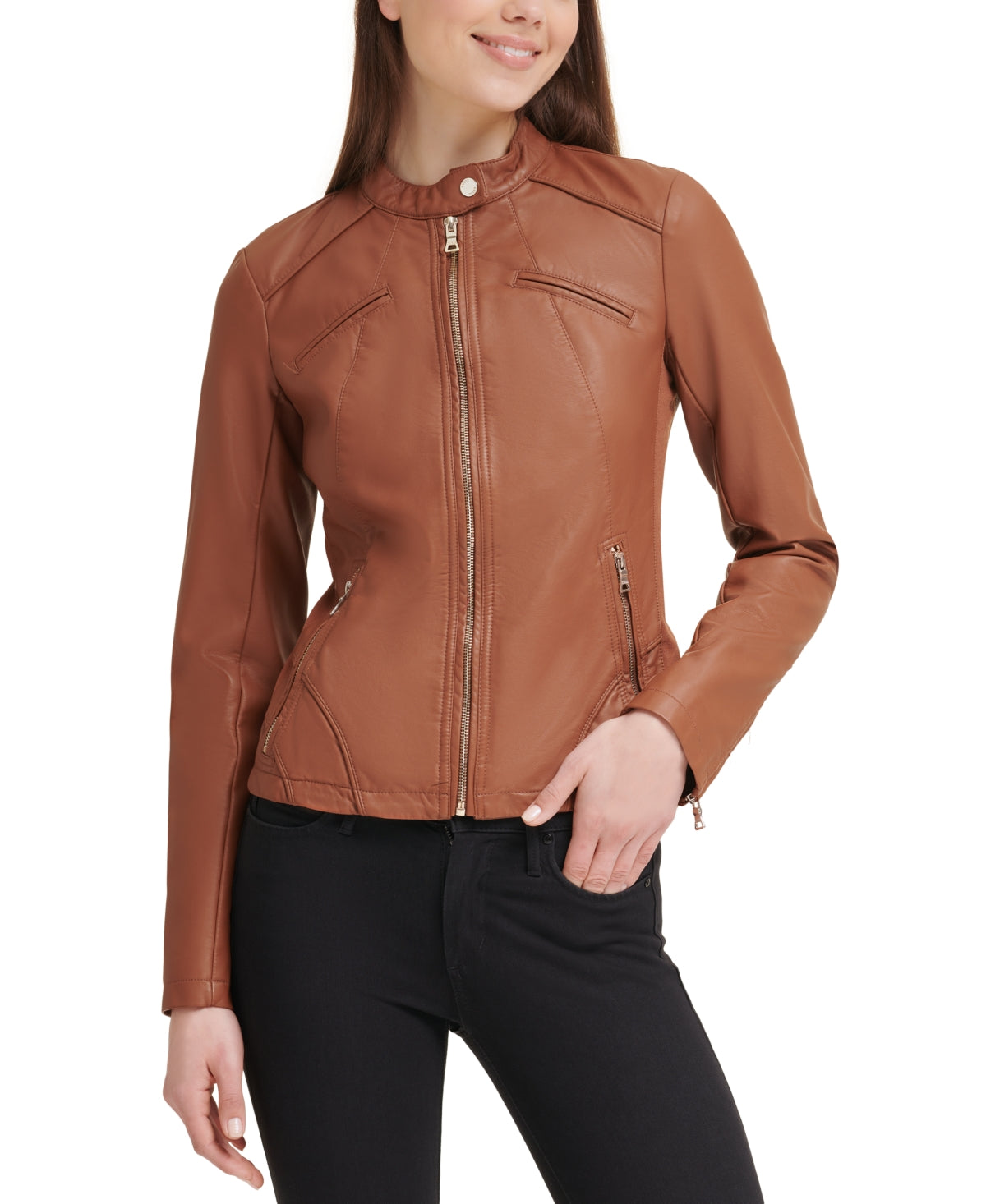 GUESS Women's Faux Leather Moto Jacket Brown Size Medium