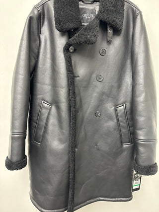 Guess Men's Long Pleather Double Breasted Coat Black Size Large