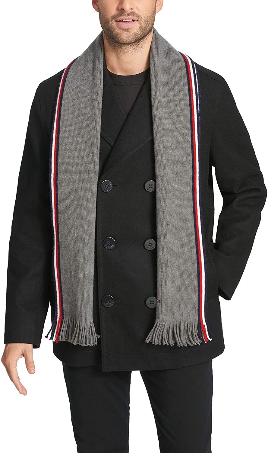 Tommy Hilfiger Men's Classic Double Breasted Peacoat with Detachable Scarf Black Size L