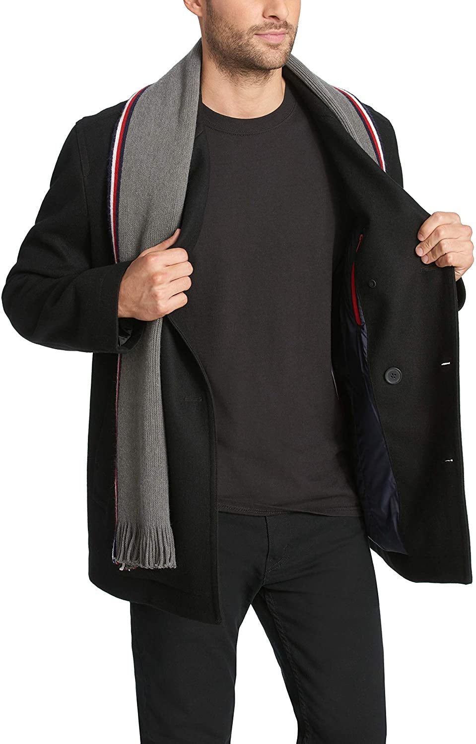 Tommy Hilfiger Men's Classic Double Breasted Peacoat with Detachable Scarf Black Size L