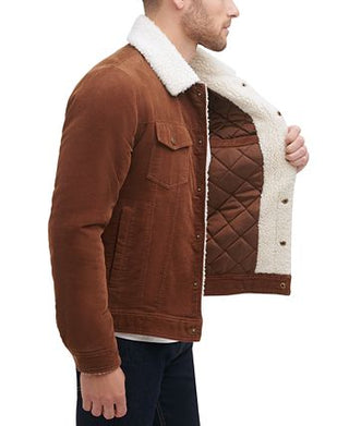 GUESS Men's Corduroy Bomber Jacket With Sherpa Collar Brown Size Large