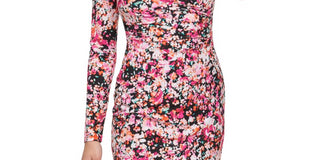 GUESS Women's Floral Long Sleeve V Neck Short Evening Dress Pink Size 2