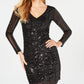 Guess Women's Embellished Long Sleeve V Neck Short Evening Body Con Dress Black Size 10