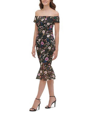 GUESS Women's Off The Shoulder Lace Midi Dress Black Size 0