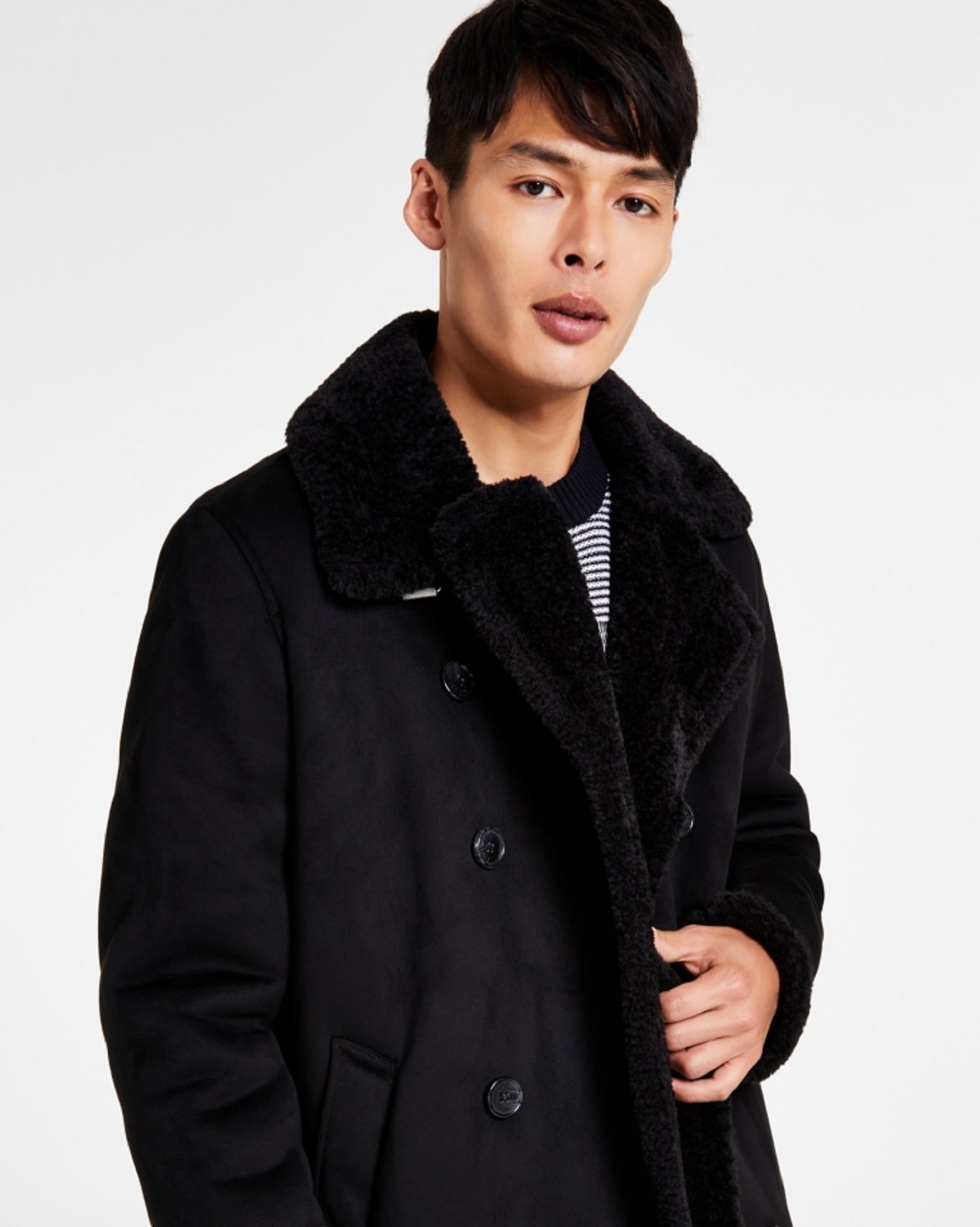 GUESS Men's Faux Shearling Overcoat Black Size Large