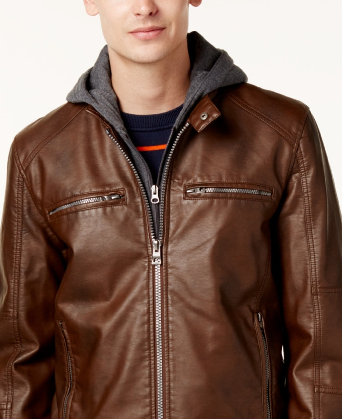 GUESS Men's Faux Leather Detachable Hood Motorcycle Jacket Brown Size XX-Large
