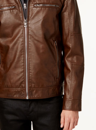 GUESS Men's Faux Leather Detachable Hood Motorcycle Jacket Brown Size XX-Large