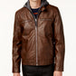 GUESS Men's Faux Leather Detachable Hood Motorcycle Jacket Brown Size XX-Large