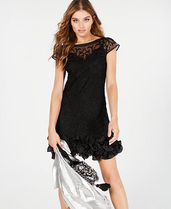 GUESS Women's Floral Lace Ruffled Hem Sheath Black Size 14