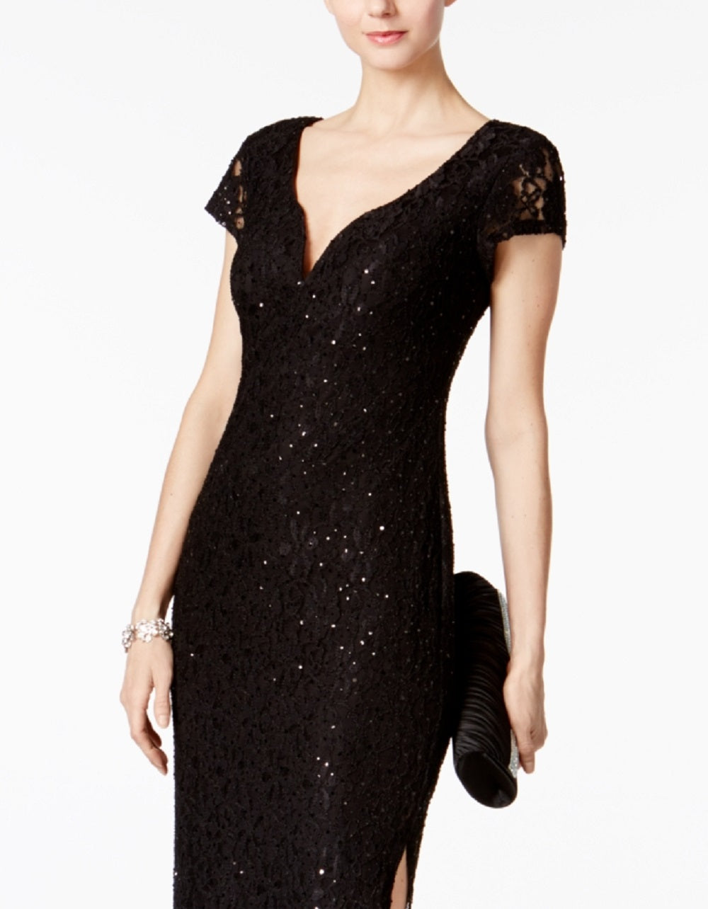 Connected Women's Sequined Lace Column Gown Black Size 6