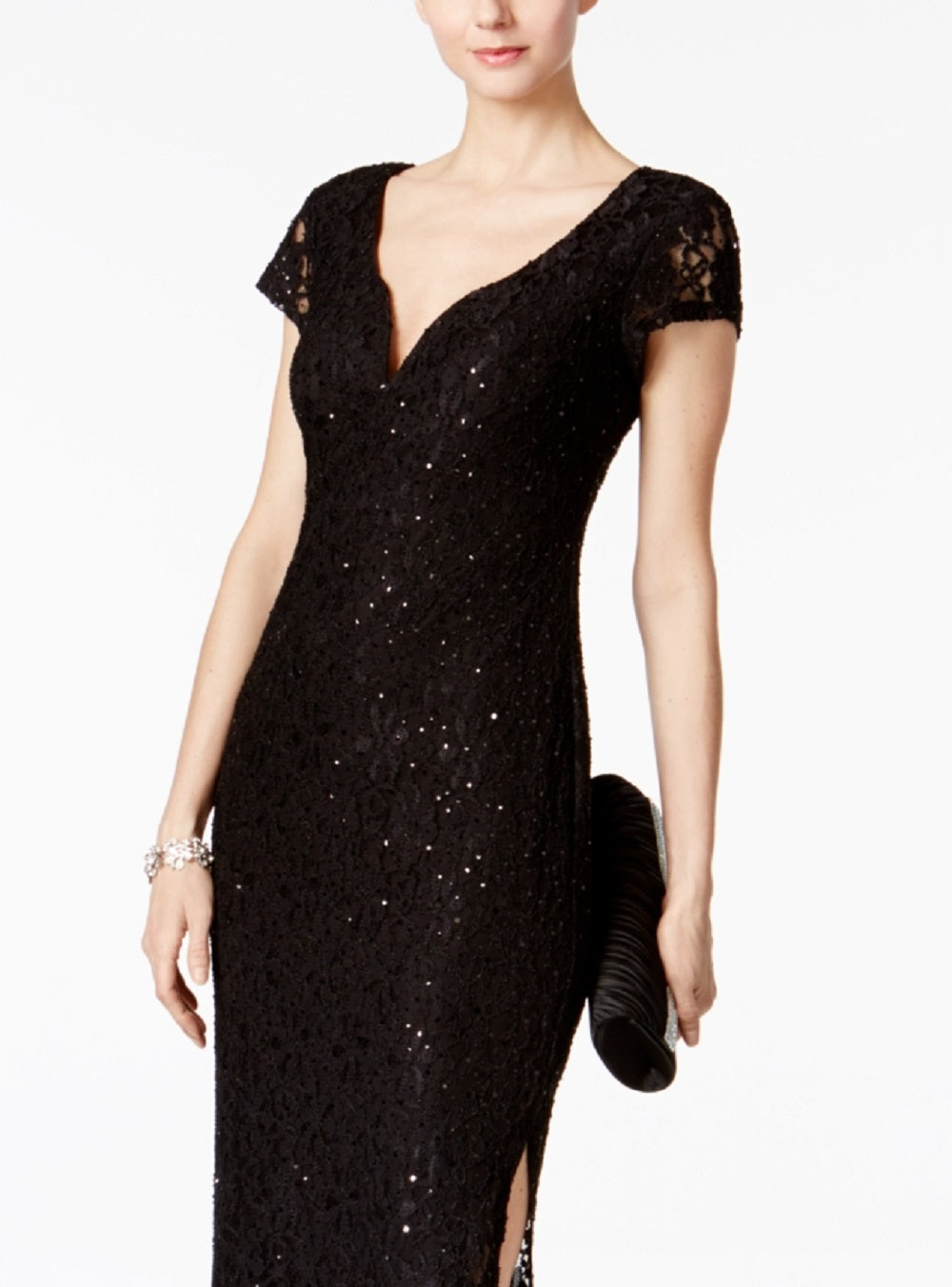 Connected Women's Sequined Lace Column Gown Black Size 10