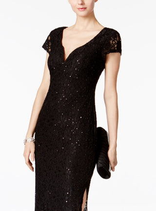 Connected Women's Sequined Lace Column Gown Black Size 10