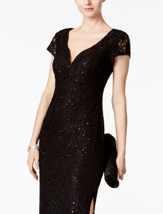Connected Women's Sequined Lace Column Gown Black Size 12