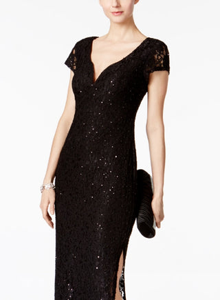 Connected Women's Sequined Lace Column Gown Black Size 14