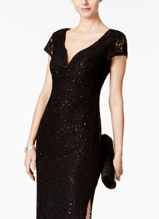 Connected Women's Sequined Lace Column Gown Black Size 16