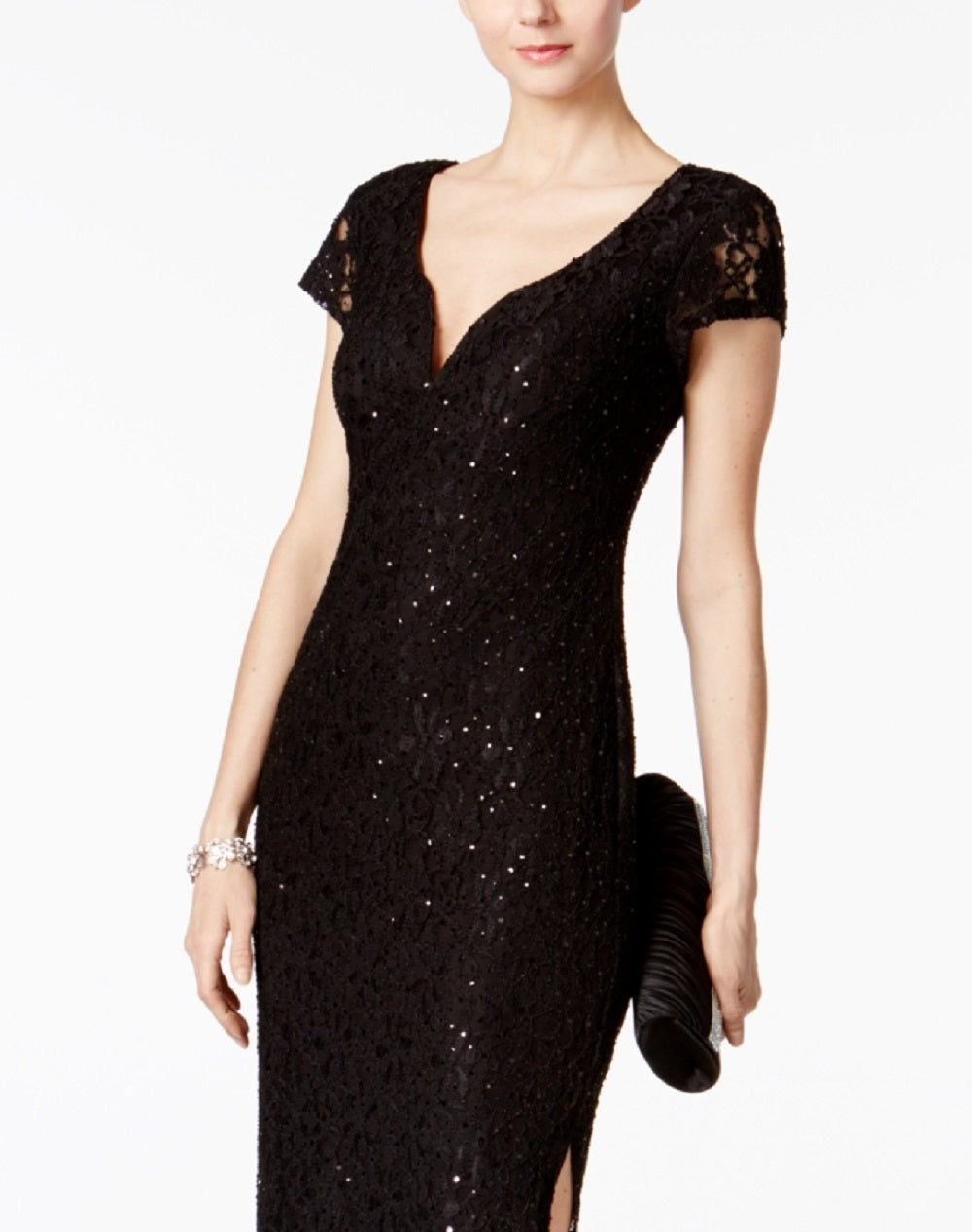 Connected Women's Sequined Lace Column Gown Black Size 4Petite