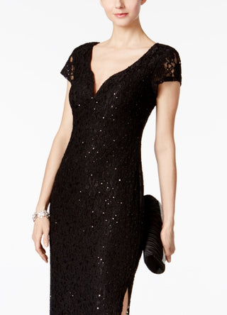 Connected Women's Sequined Lace Column Gown Black Size 6Petite