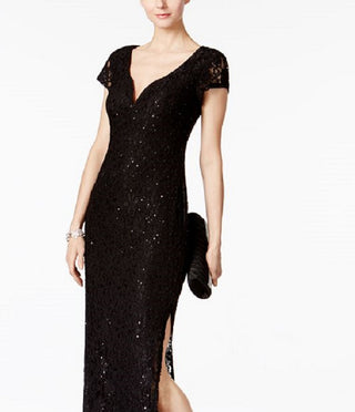 Connected Women's Sequined Lace Column Gown Black Size 8Petite