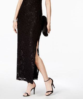 Connected Women's Sequined Lace Column Gown Black Size 8Petite