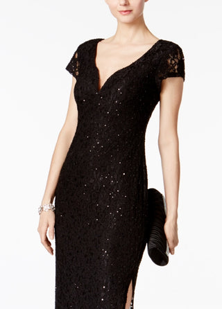 Connected Women's Sequined Lace Column Gown Black Size 10Petite