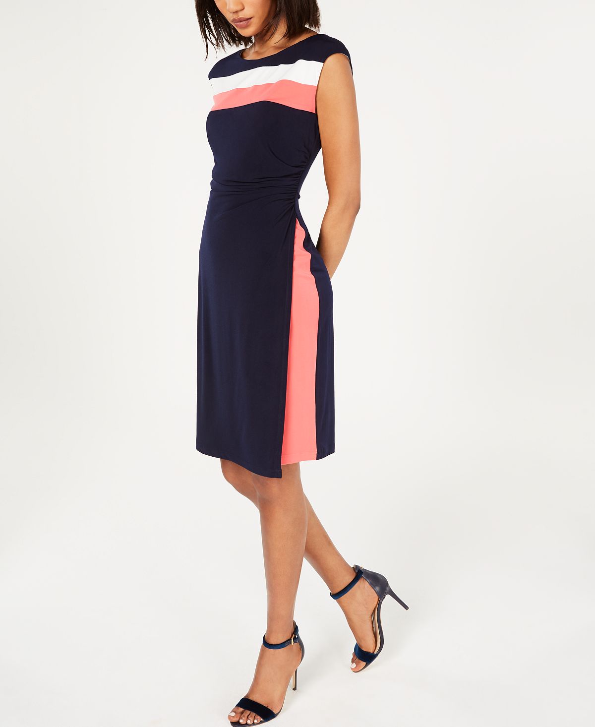 Connected Women's Sleeveless Tri-Tone Sheath Dress Blue Size 14