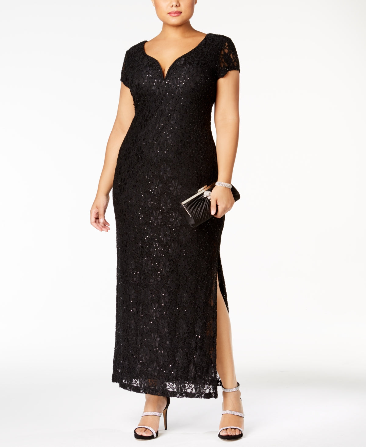 Connected Women's Sequined Lace Gown Black Size 14W