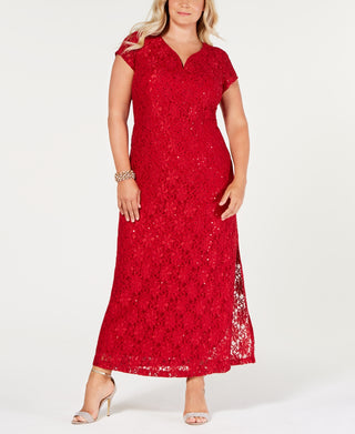 Connected Women's Sequined Lace Gown Red Size 16W