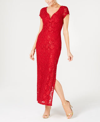 Connected Women's Sequined Lace Column Gown Red Size 8Petite