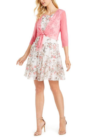 Connected Women's Mesh Jacket & Floral Print Fit & Flare Dress White Size 6Petite